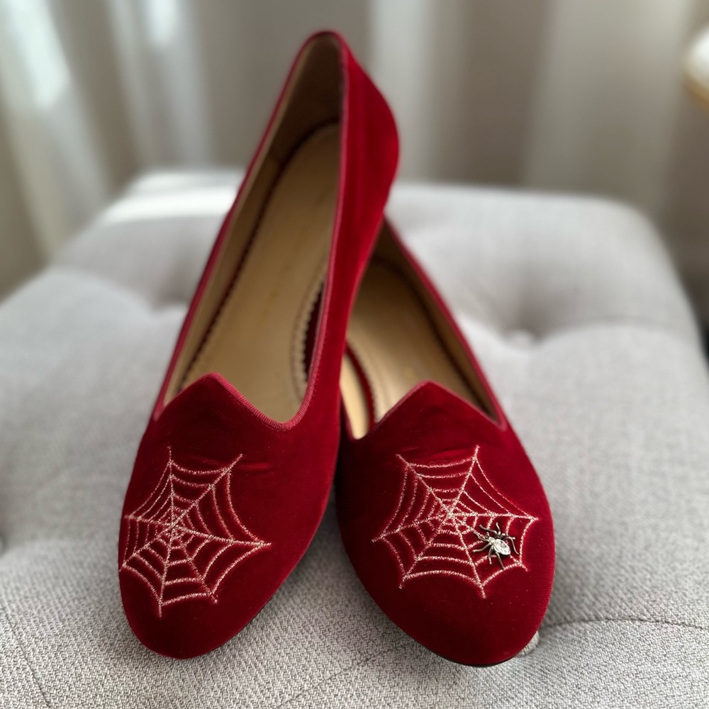 Charlotte Olympia Burgundy Velvet Spider Embellished Smoking Loafers